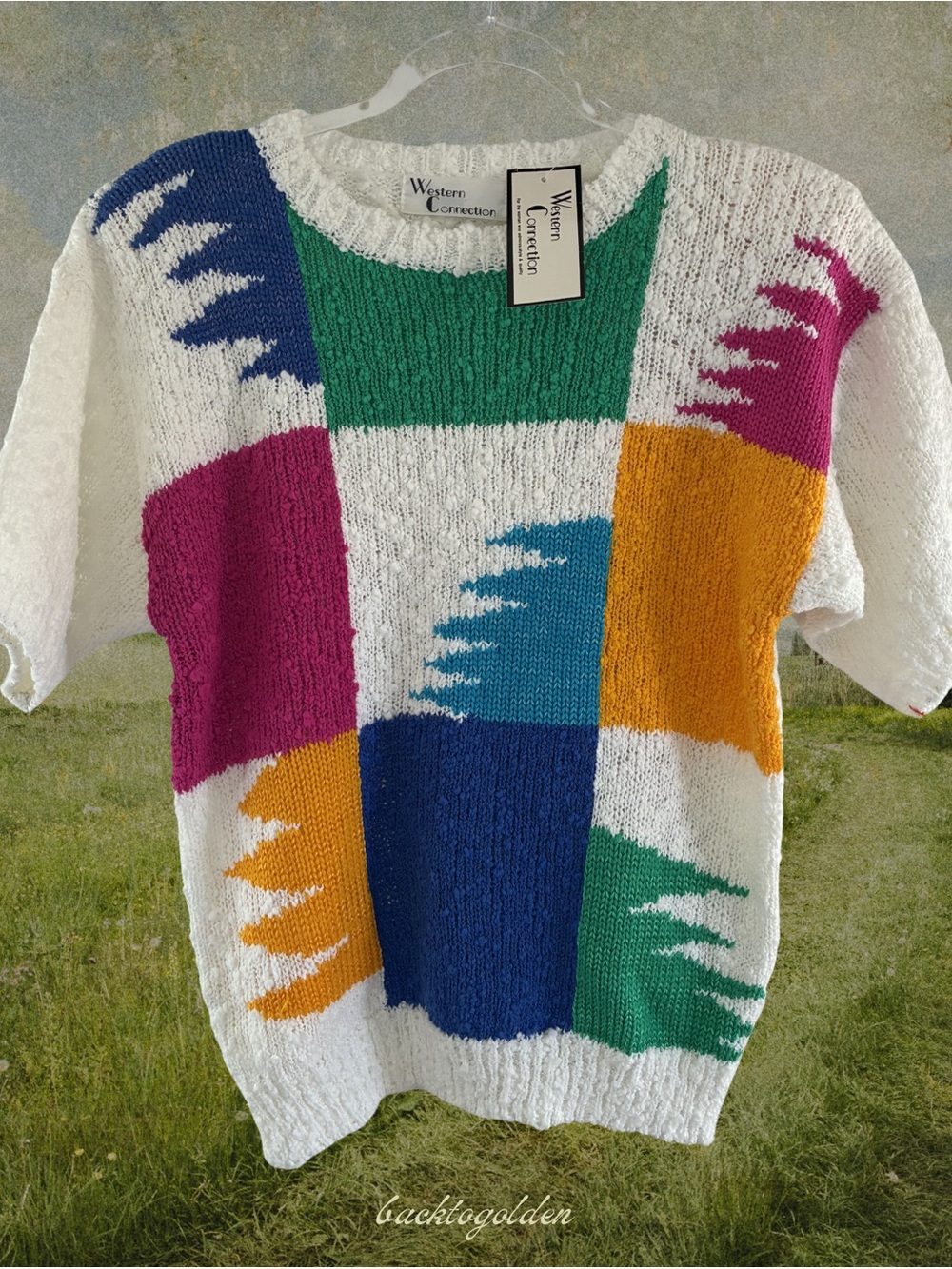 VTG 80s NWT Western Connection colorblock sweater (M) shoulder pads short sleeve